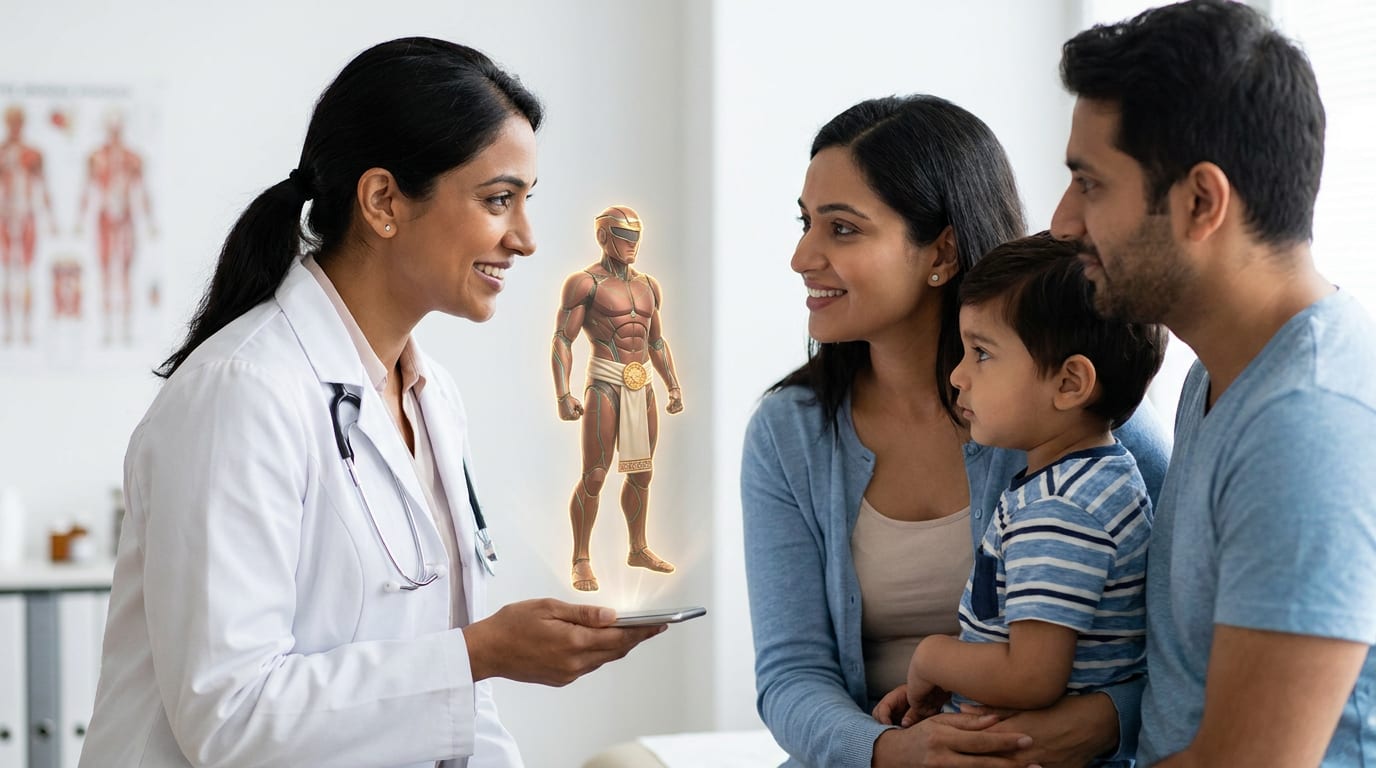Una médica muestra a una familia el avatar anatómico de Quirón proyectado desde su teléfono durante la consulta.