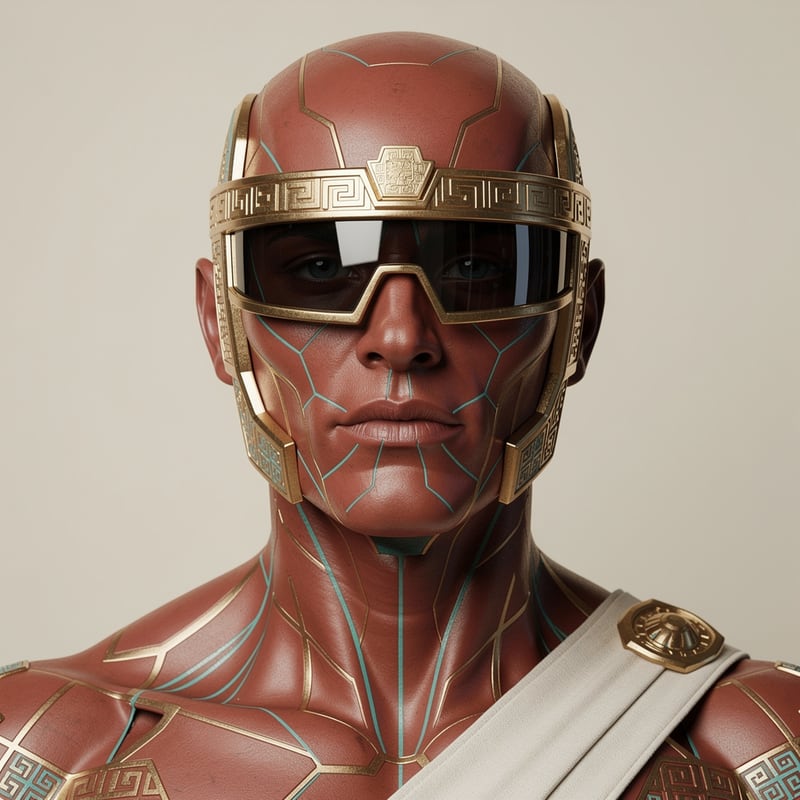 Retrato de Quirón, el asistente clínico con inteligencia artificial: rostro con visor dorado y detalles de grecas mixtecas.